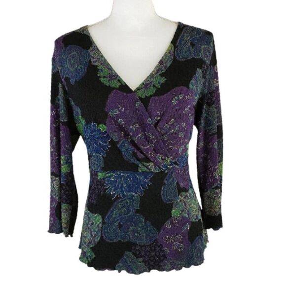 West End Black Blouse Multicolor Floral Scalloped Edges Metallic Size Medium - Picture 1 of 9